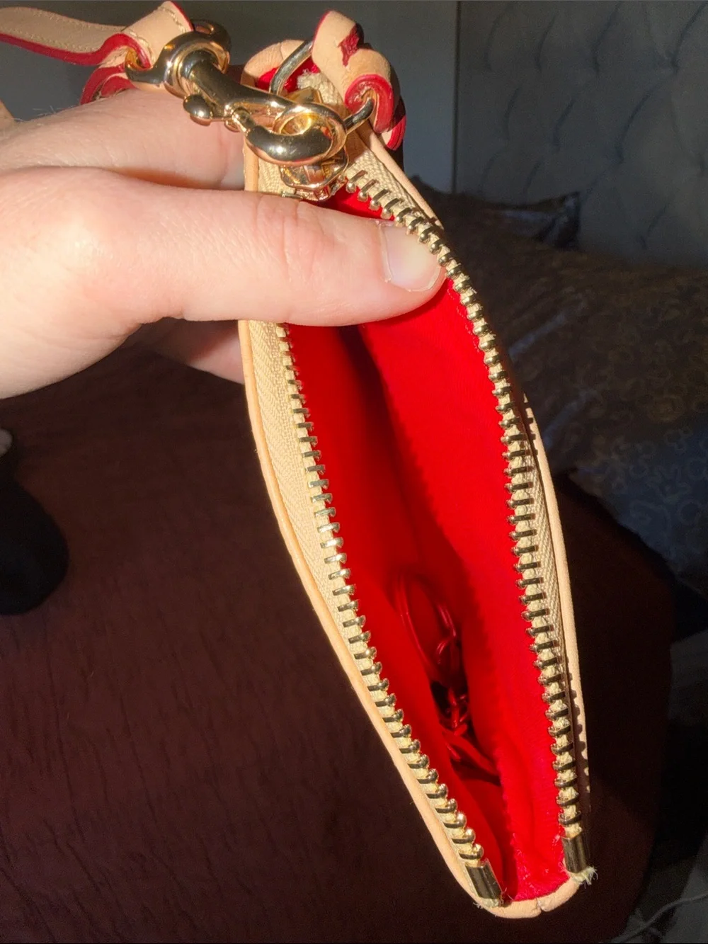 Dooney & Bourke Turquoise Gingham Wristlet with Tan Trim